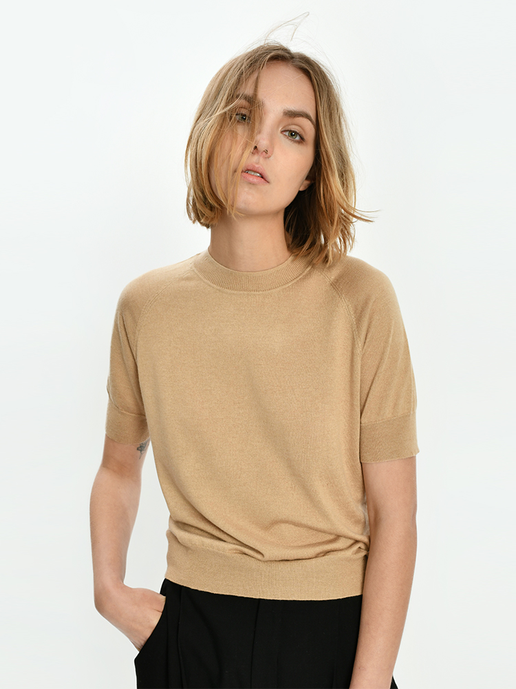 2021新款女士真丝羊绒16针单股小桩领套头衫