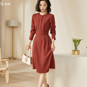 米思阳2026春季新款时尚气质复古中长款收腰显瘦长袖连衣裙女5706