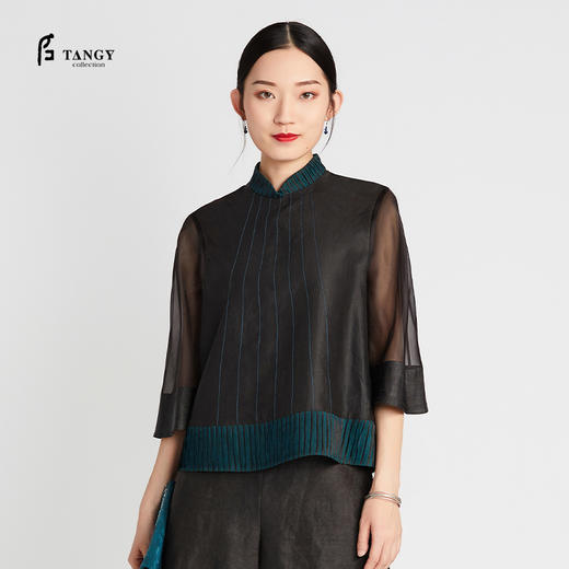 TANGY Collection/天意精品2021年夏季新品青岚系列线迹莨绸上衣 商品图0