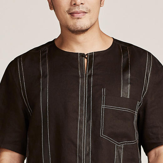 TANGY Collection/天意精品春夏新品原创设计亚麻拼撞短袖T恤 商品图2