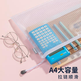网格拉链文件袋 文件夹学科袋加厚大容量学生试卷收纳袋资料袋透明防水塑料袋A4多色文具口罩收纳袋 得力5654