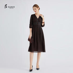 TANGY Collection/天意精品春夏新品真丝雪纺高腰泡泡袖连衣裙