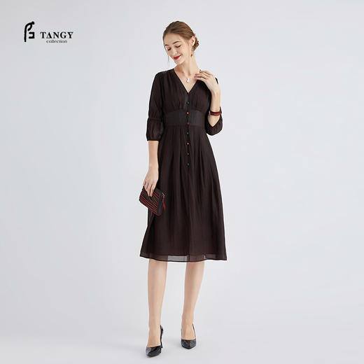 TANGY Collection/天意精品春夏新品真丝雪纺高腰泡泡袖连衣裙 商品图0