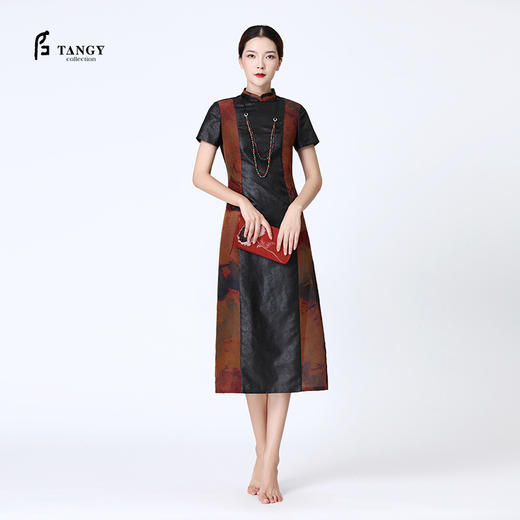 TANGY Collection/天意精品春夏款换侠系列莨绸相拼长旗袍连衣裙 商品图0