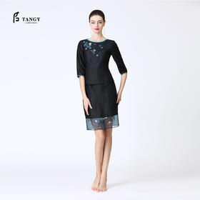 TANGY Collection/天意精品春夏新品春融系列真丝收腰刺绣莨绸T恤