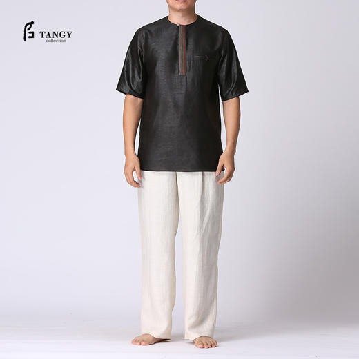 TANGY Collection/天意精品春夏新品原创设计真丝拼撞莨绸T恤男装 商品图0