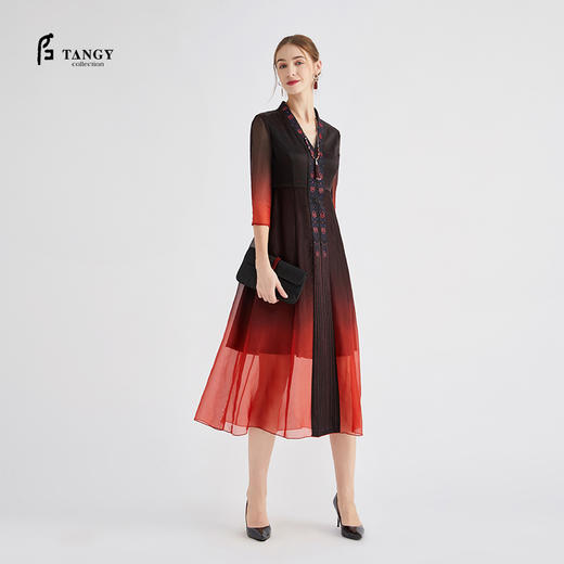 TANGY Collection/天意精品夏季新品暗香系列莨绸拼接刺绣礼服裙 商品图0