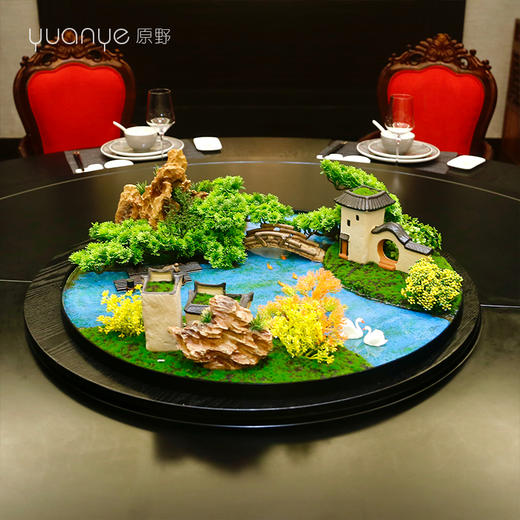 酒店餐桌花摆花仿真花新中式大圆桌装饰花摆件中间转盘微景观 商品图0