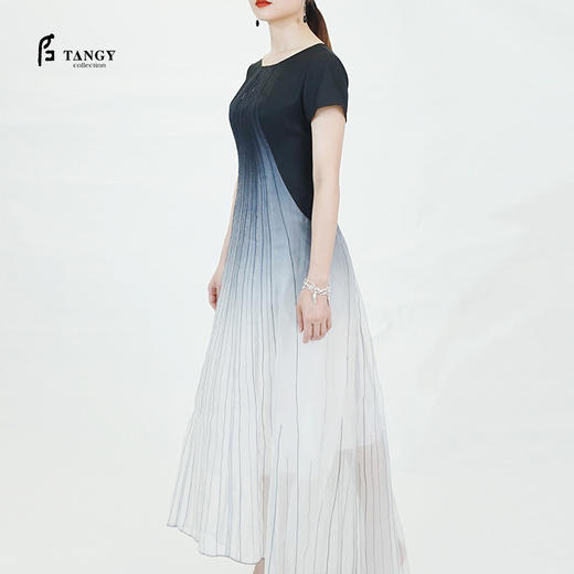 TANGY Collection/天意精品春夏新品真丝莨绸柯纱吊染钉珠礼服裙 商品图0