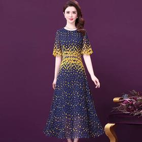 WXY-YNQ-8113新款时尚优雅气质修身圆领短袖长款雪纺碎花连衣裙