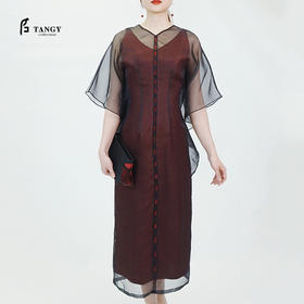 TANGY Collection/天意精品春夏新品柯纱线迹真丝莨绸连衣裙