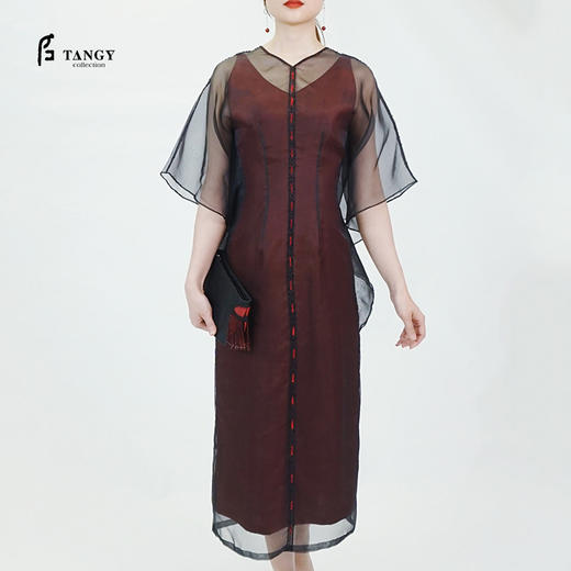 TANGY Collection/天意精品春夏新品柯纱线迹真丝莨绸连衣裙 商品图0