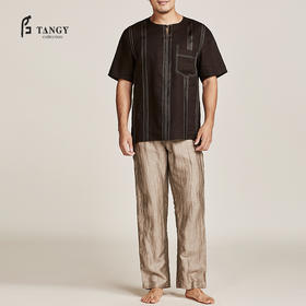 TANGY Collection/天意精品春夏新品原创设计亚麻拼撞短袖T恤