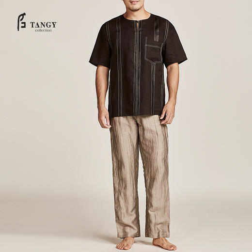 TANGY Collection/天意精品春夏新品原创设计亚麻拼撞短袖T恤 商品图0