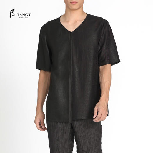 TANGY Collection/天意精品春夏新品原创设计莨绸拼接V领短袖T恤 商品图0
