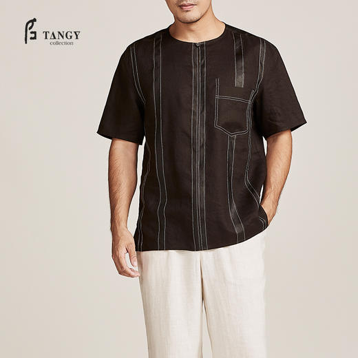 TANGY Collection/天意精品春夏新品原创设计亚麻拼撞短袖T恤 商品图1