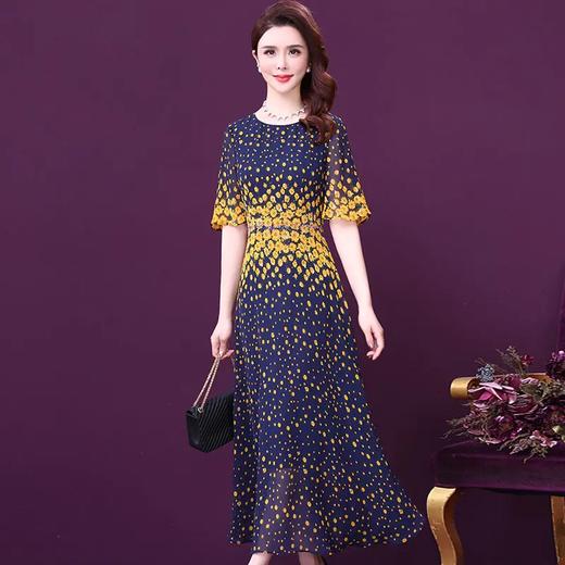 WXY-YNQ-8113新款时尚优雅气质修身圆领短袖长款雪纺碎花连衣裙 商品图3