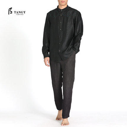 TANGY Collection/天意精品春夏新品复古龟裂纹男士立领莨绸衬衫 商品图0
