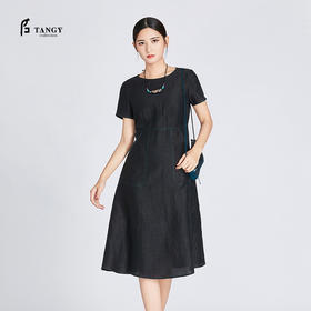 TANGY Collection/天意精品夏季新品香云纱圆领真丝线迹莨绸连衣裙