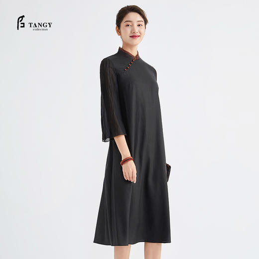 TANGY Collection/天意精品春秋新品林隐系列莨绸拼纱宽松旗袍 商品图0