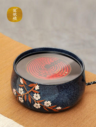 莺歌烧深蓝底樱花电陶炉煮茶家用茶炉 台式小型铁壶银壶泡茶炉 蓝底樱花 商品图0