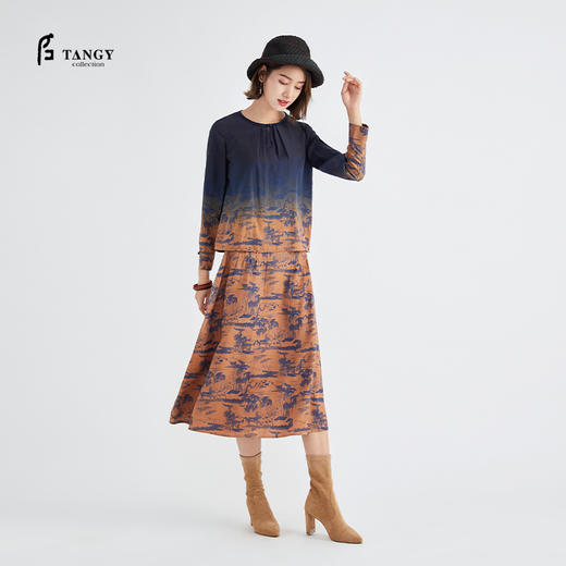 TANGY Collection / 天意精品 烟蓝系列 莨绸印花半裙 商品图1