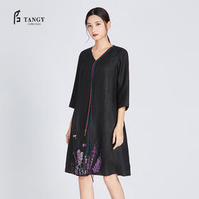TANGY Collection/天意精品夏季新品紫藤系列真丝莨绸绣花连衣裙