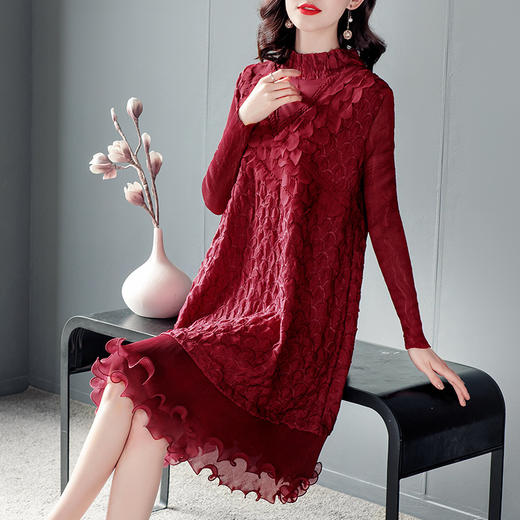 JN-K201108高端三宅褶皱连衣裙2021春装洋气胖MM长袖大码宽松A子裙K201108 商品图1