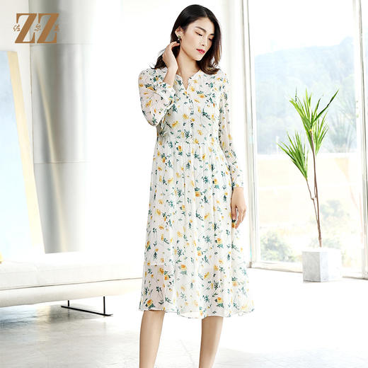 佐尔美商场同款初夏新款清新碎花长袖中长款桑蚕丝连衣裙E12LS23 商品图0