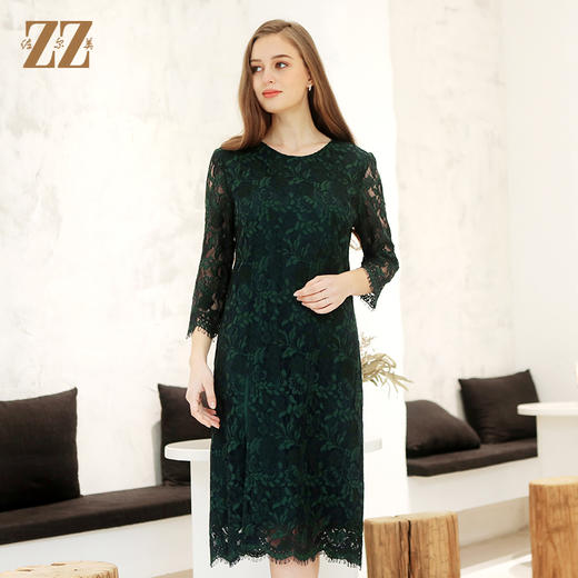 佐尔美春季新款气质蕾丝圆领9分袖修身中长连衣裙女E91LL26 商品图3