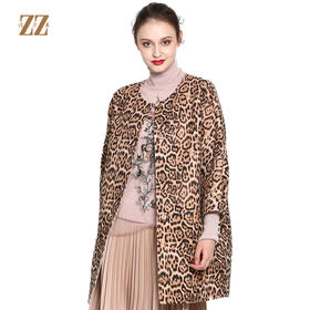 佐尔美ZZ 新品冬款反季豹纹中长款纯羊毛双面呢大衣女E64SM02