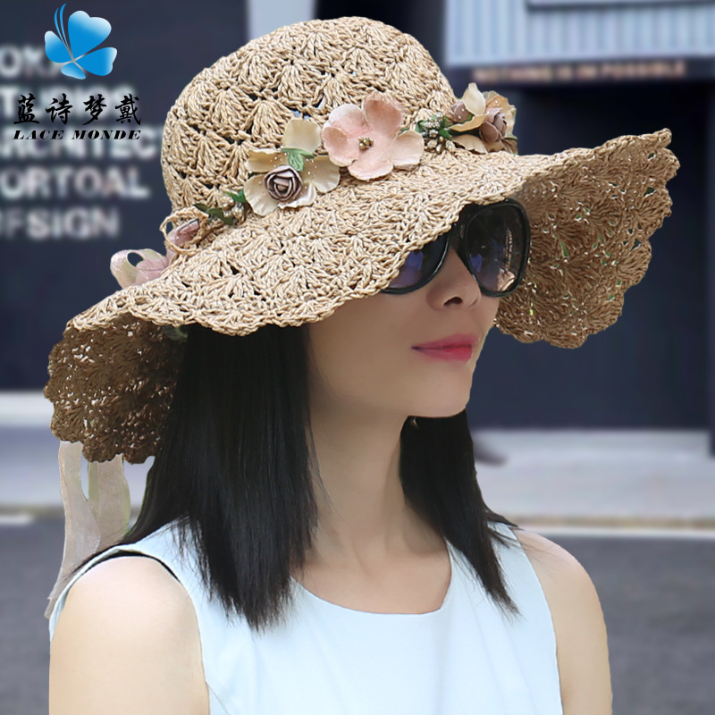 CT-M88草帽女夏遮阳帽韩版时尚花环大沿折叠太阳帽防晒防紫外线草编帽子