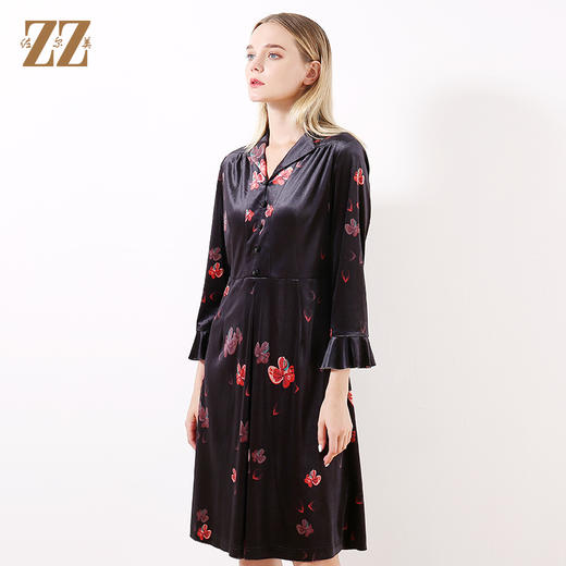 佐尔美早春新款气质V领印花修身减龄中长连衣裙E83LL47 商品图2