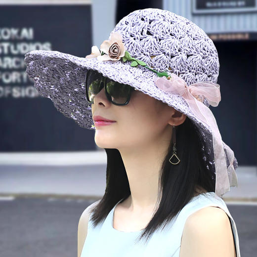 CT-M88草帽女夏遮阳帽韩版时尚花环大沿折叠太阳帽防晒防紫外线草编帽子 商品图3