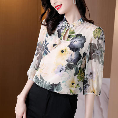 AHM-yjrsp8622 衬衫女2021夏季新款优雅名媛设计感小众盘扣立领气质上衣 商品图2