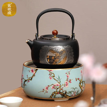 莺歌烧描金银山水纹不锈钢壶电陶炉 食用级316不锈钢烧水壶 商品图1
