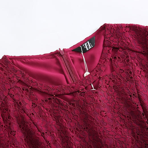 佐尔美早秋新款纯色圆领镂空中袖修身蕾丝连衣裙E01LL18 商品图2