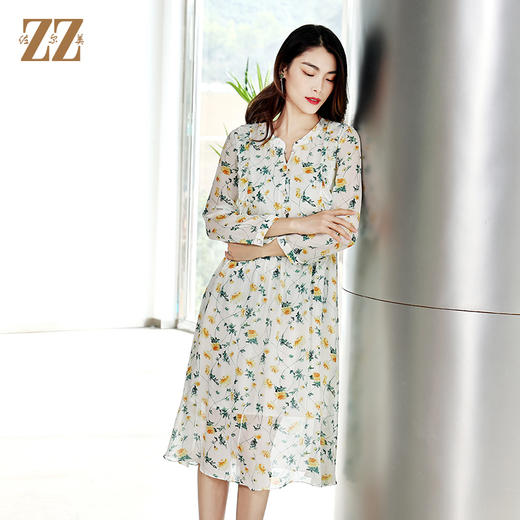 佐尔美商场同款初夏新款清新碎花长袖中长款桑蚕丝连衣裙E12LS23 商品图1