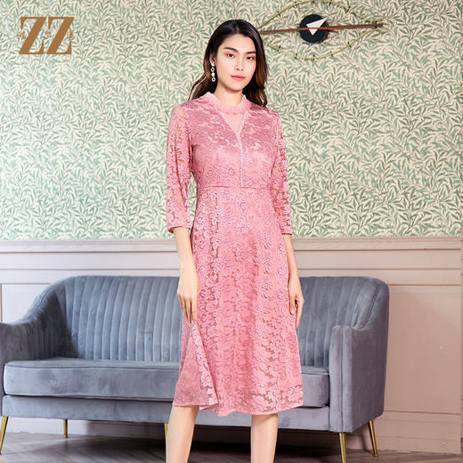 佐尔美春秋气质显瘦收腰7分袖修身女士蕾丝裙子中长款E11LL38 商品图0