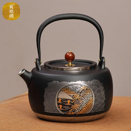 莺歌烧描金银山水纹不锈钢壶电陶炉 食用级316不锈钢烧水壶 商品图4