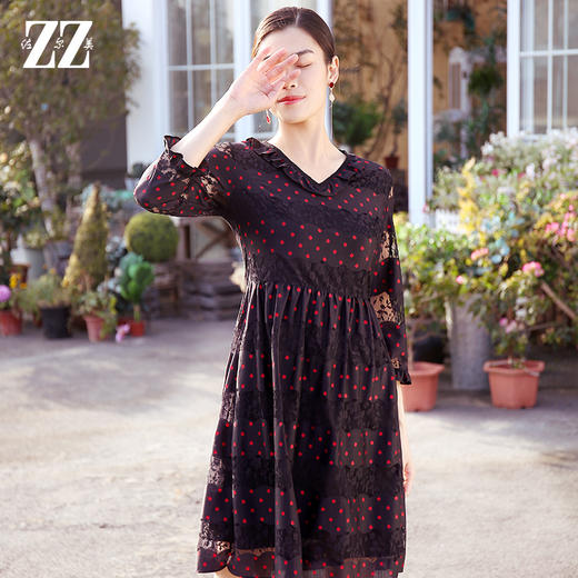 佐尔美春季新款气质7分袖宽松蕾丝波点V领连衣裙E11LL20 商品图2