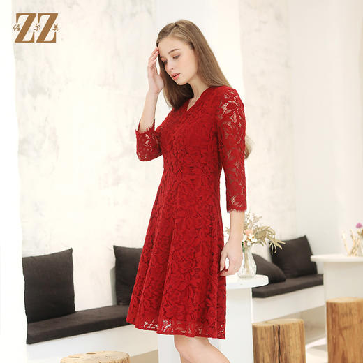 佐尔美春季新款连衣裙裙子V领收腰a字气质显瘦女士E93LL40 商品图2