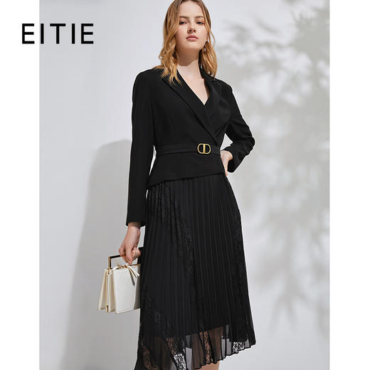 EITIE爱特爱春季新款气质翻领时尚通勤收腰拼接百褶连衣裙女6307011 商品图0