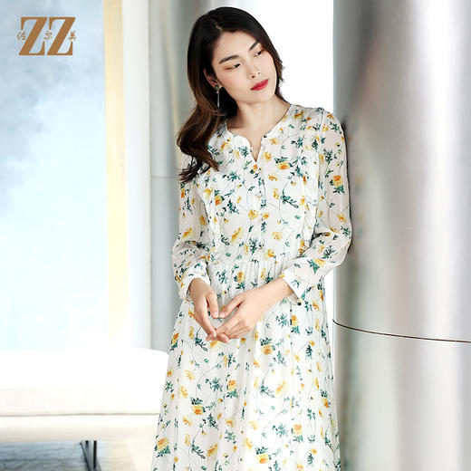佐尔美商场同款初夏新款清新碎花长袖中长款桑蚕丝连衣裙E12LS23 商品图3