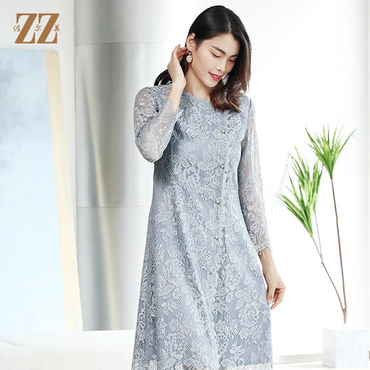 佐尔美春秋中长款气质圆领镂空蕾丝连衣裙修身显瘦E11LL25 商品图3