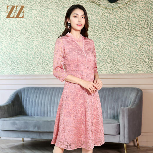 佐尔美春秋气质显瘦收腰7分袖修身女士蕾丝裙子中长款E11LL38 商品图2