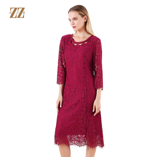 佐尔美早秋新款纯色圆领镂空中袖修身蕾丝连衣裙E01LL18 商品图0