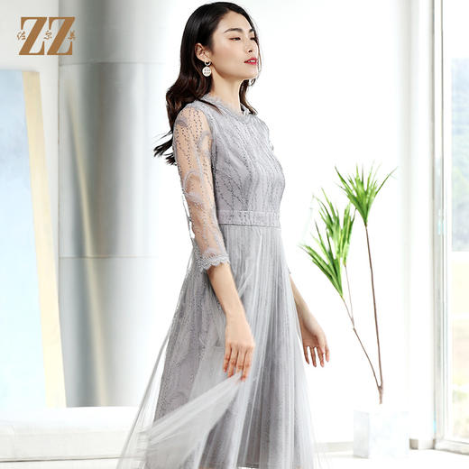 佐尔美商场同款气质春秋蕾丝中袖收腰显瘦中长连衣裙E11LL27 商品图1