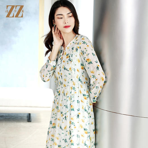 佐尔美商场同款初夏新款清新碎花长袖中长款桑蚕丝连衣裙E12LS23 商品图2