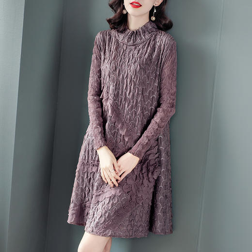 JN-K201111长袖A字裙2021春季新款钉珠洋气小个子三宅褶皱连衣裙大码K201111 商品图2